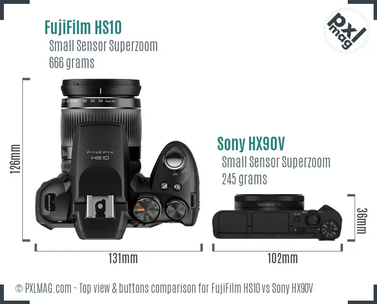 FujiFilm HS10 vs Sony HX90V top view buttons comparison FujiFilm HS10 vs Sony HX90V top view buttons comparison