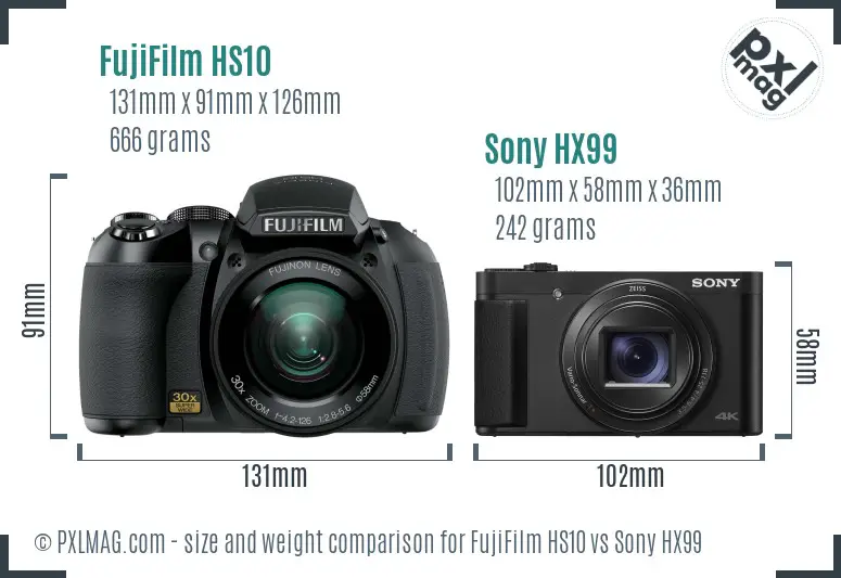 FujiFilm HS10 vs Sony HX99 size comparison
