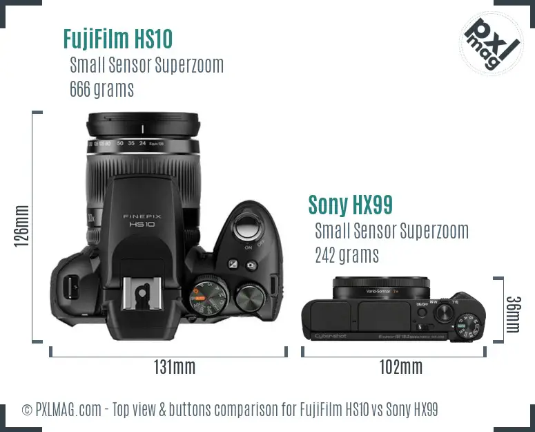 FujiFilm HS10 vs Sony HX99 top view buttons comparison