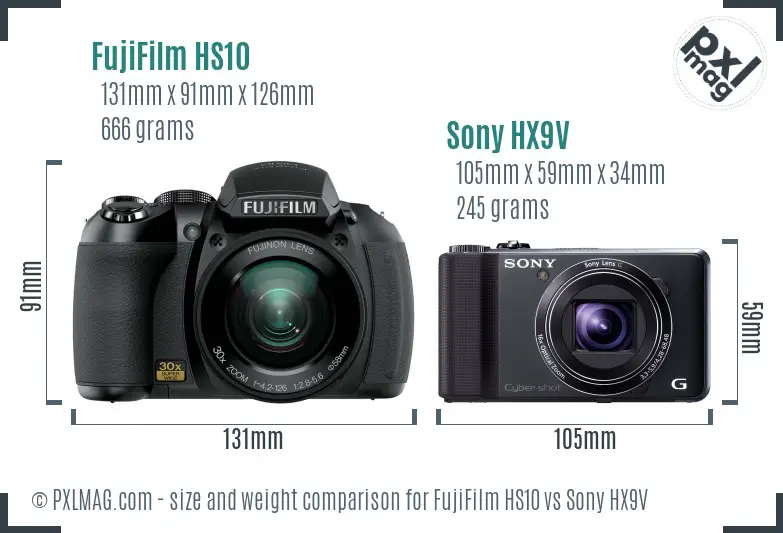 FujiFilm HS10 vs Sony HX9V size comparison