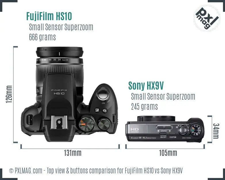 FujiFilm HS10 vs Sony HX9V top view buttons comparison