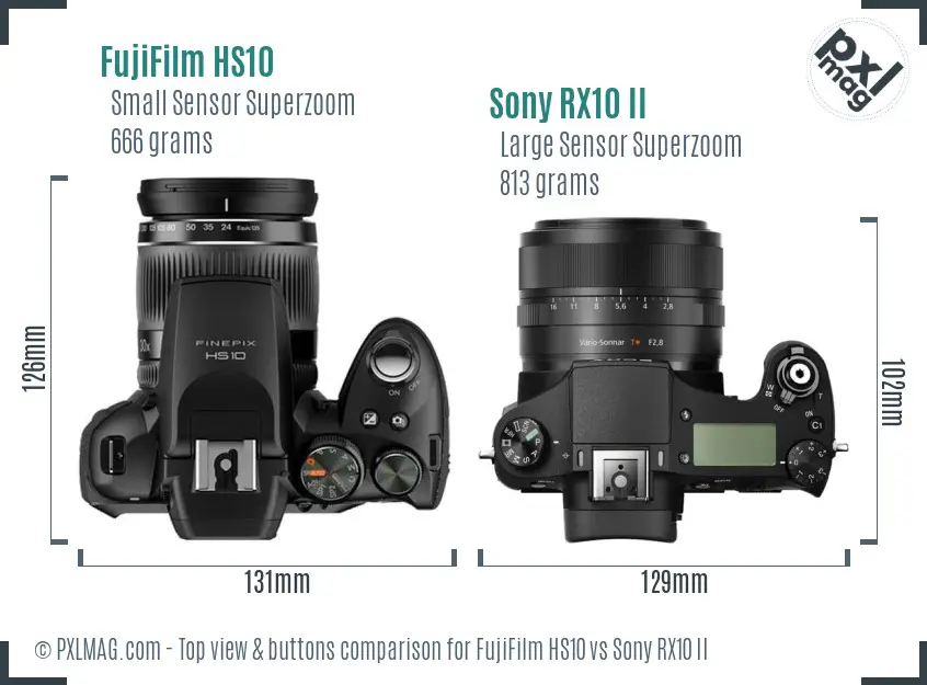 FujiFilm HS10 vs Sony RX10 II top view buttons comparison