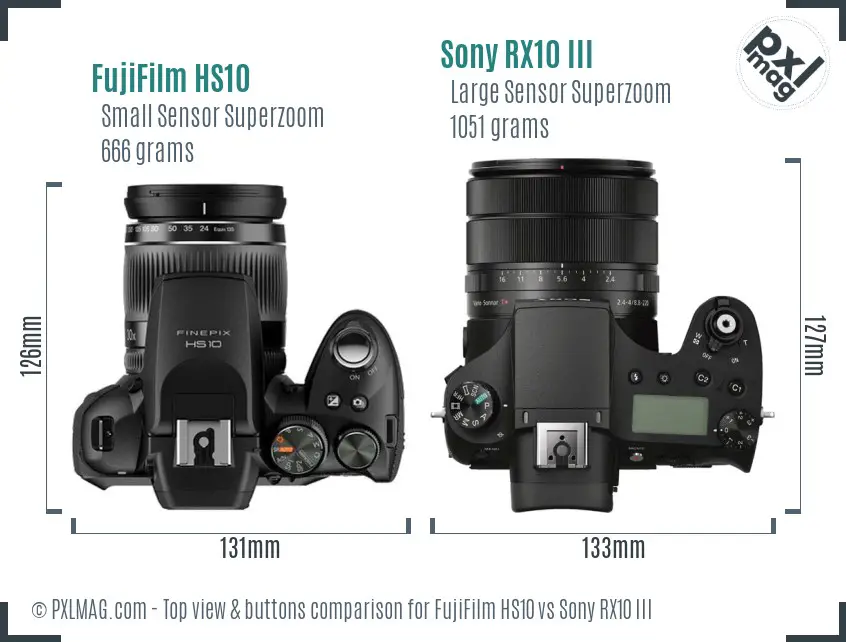 FujiFilm HS10 vs Sony RX10 III top view buttons comparison