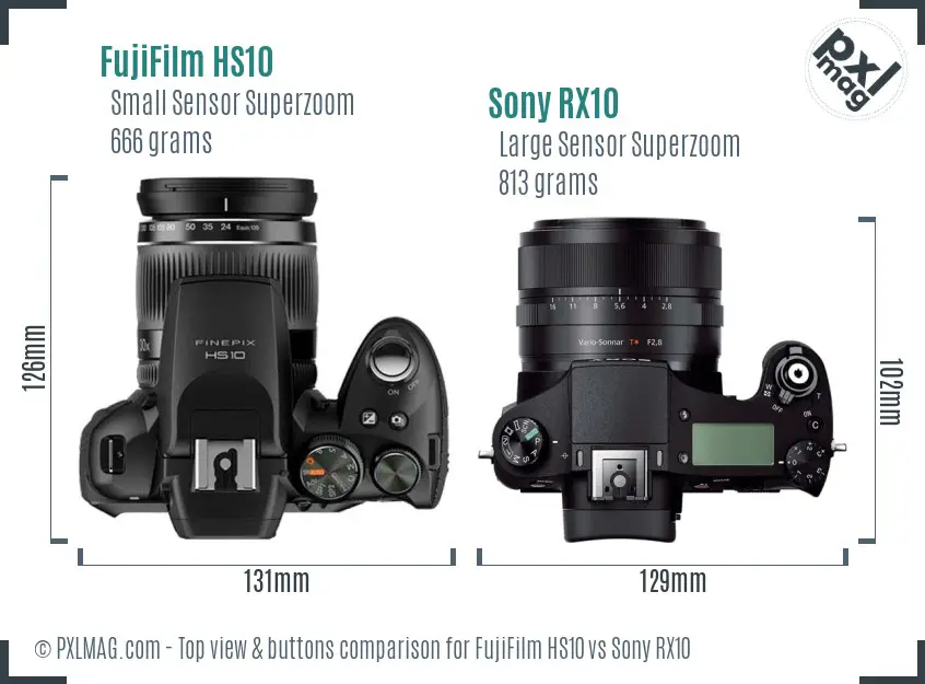 FujiFilm HS10 vs Sony RX10 top view buttons comparison FujiFilm HS10 vs Sony RX10 top view buttons comparison