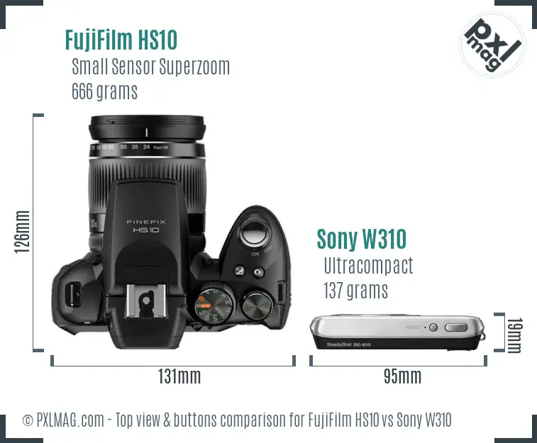 FujiFilm HS10 vs Sony W310 top view buttons comparison