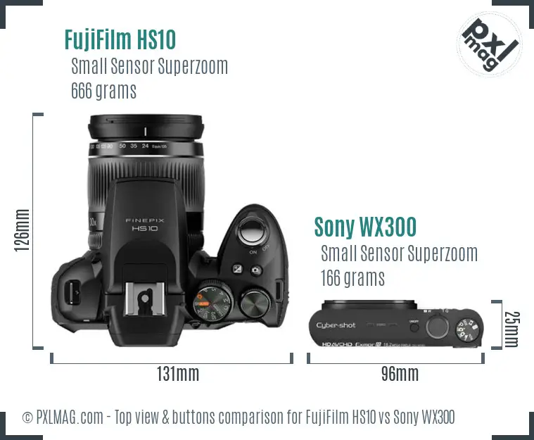 FujiFilm HS10 vs Sony WX300 top view buttons comparison