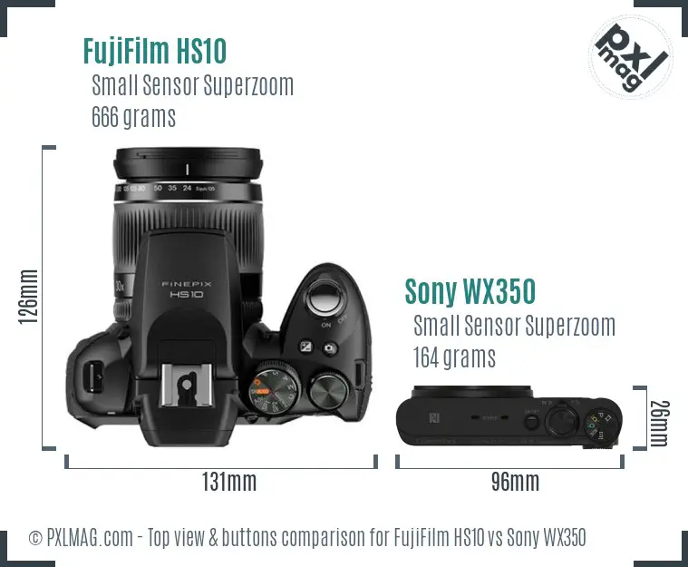 FujiFilm HS10 vs Sony WX350 top view buttons comparison FujiFilm HS10 vs Sony WX350 top view buttons comparison