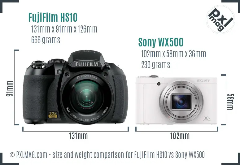 FujiFilm HS10 vs Sony WX500 size comparison