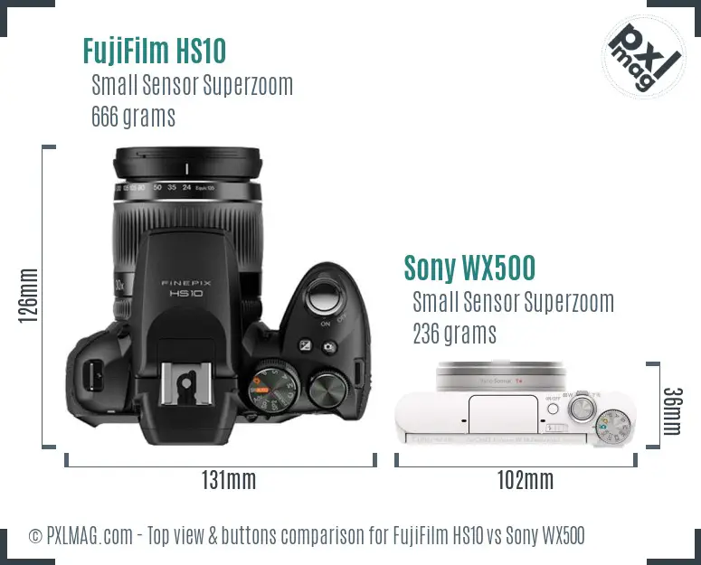 FujiFilm HS10 vs Sony WX500 top view buttons comparison