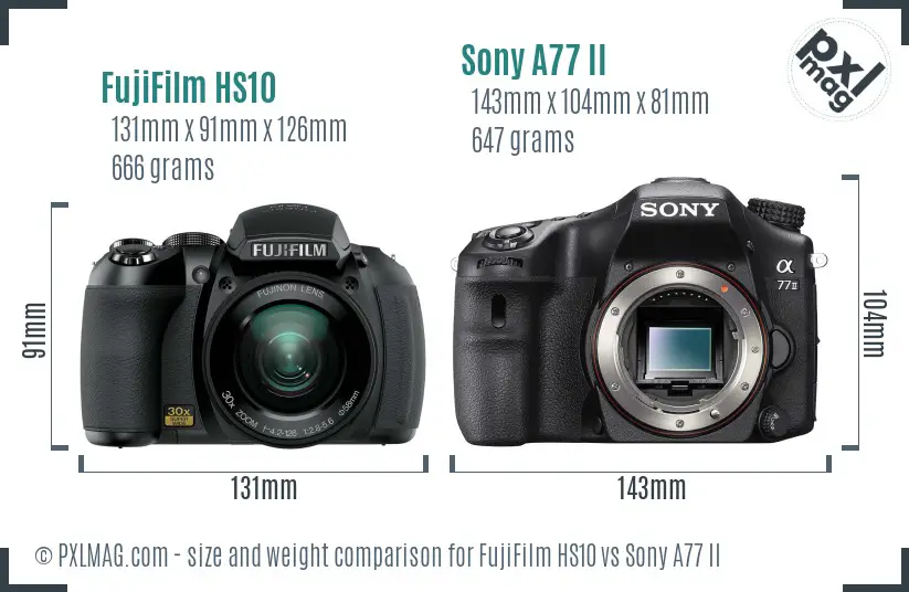 FujiFilm HS10 vs Sony A77 II size comparison