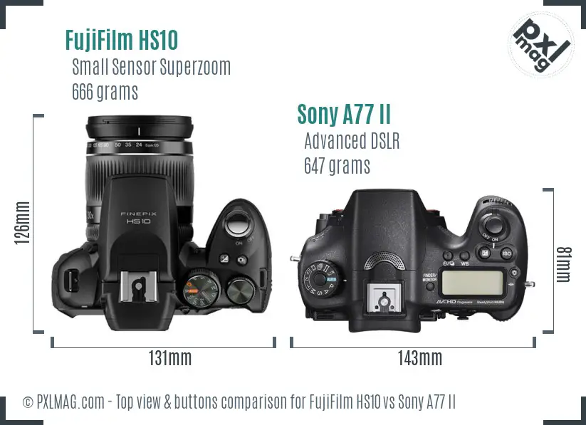 FujiFilm HS10 vs Sony A77 II top view buttons comparison