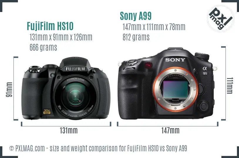 FujiFilm HS10 vs Sony A99 size comparison