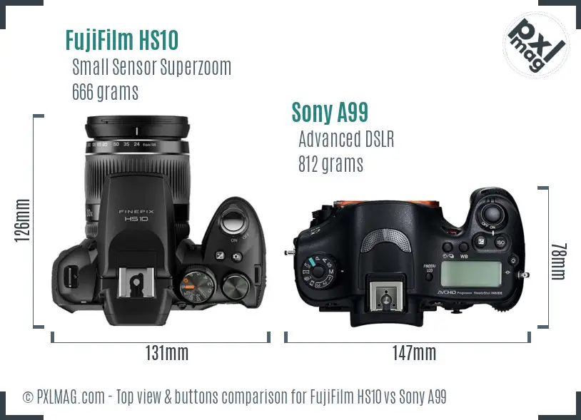 FujiFilm HS10 vs Sony A99 top view buttons comparison