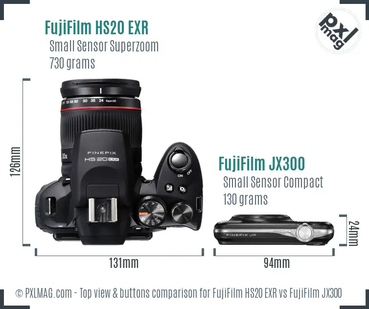 FujiFilm HS20 EXR vs FujiFilm JX300 top view buttons comparison