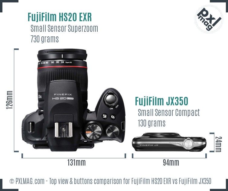 FujiFilm HS20 EXR vs FujiFilm JX350 top view buttons comparison