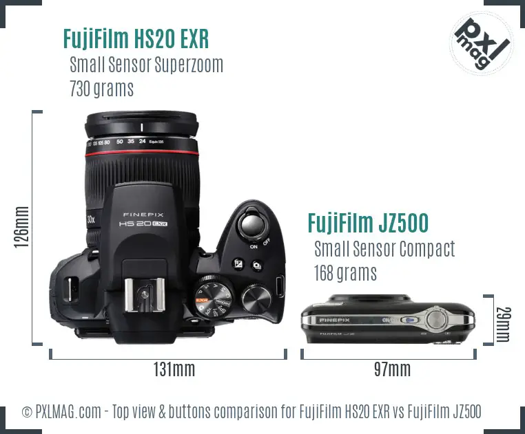 FujiFilm HS20 EXR vs FujiFilm JZ500 top view buttons comparison FujiFilm HS20 EXR vs FujiFilm JZ500 top view buttons comparison