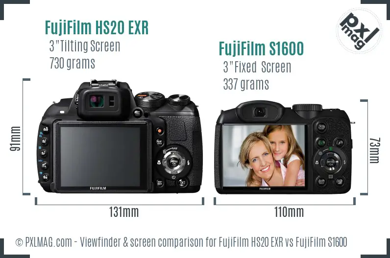 FujiFilm HS20 EXR vs FujiFilm S1600 Screen and Viewfinder comparison
