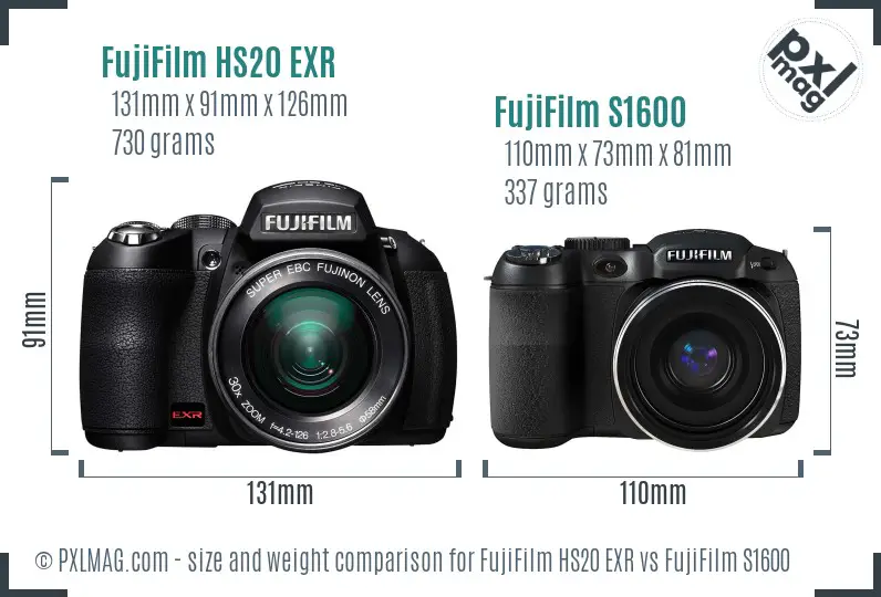 FujiFilm HS20 EXR vs FujiFilm S1600 size comparison
