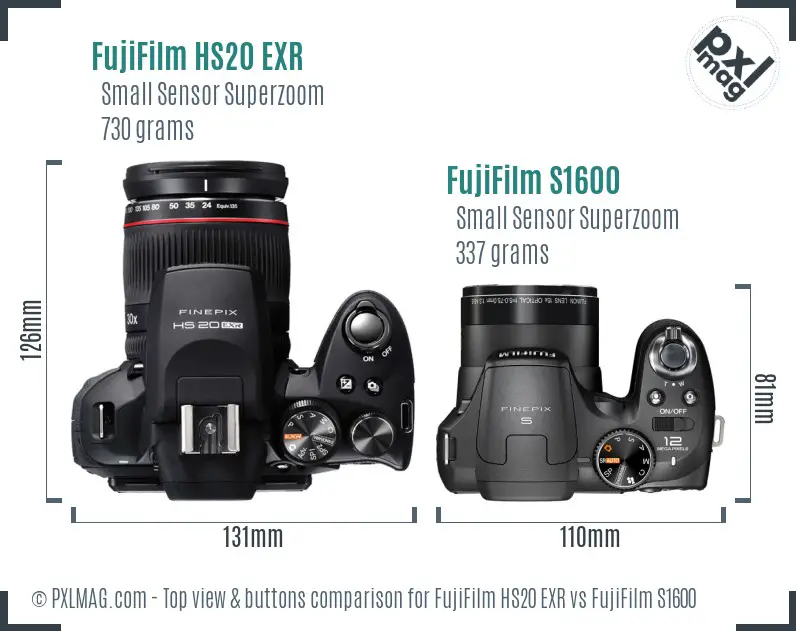 FujiFilm HS20 EXR vs FujiFilm S1600 top view buttons comparison