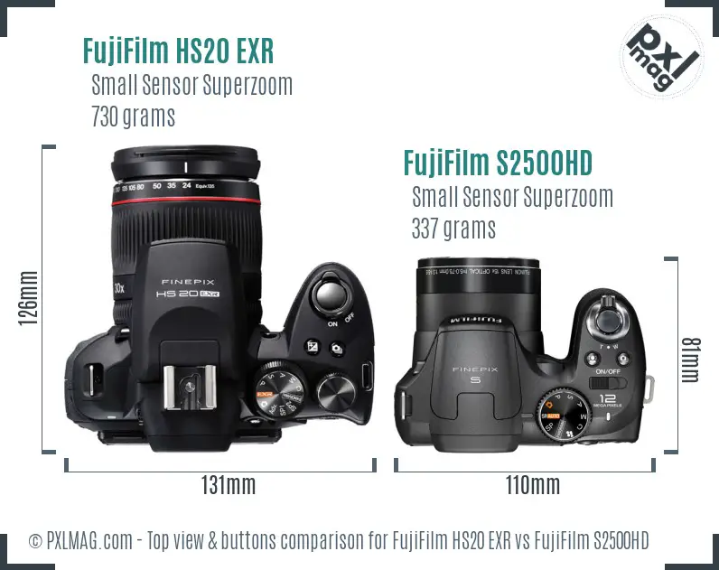 FujiFilm HS20 EXR vs FujiFilm S2500HD top view buttons comparison