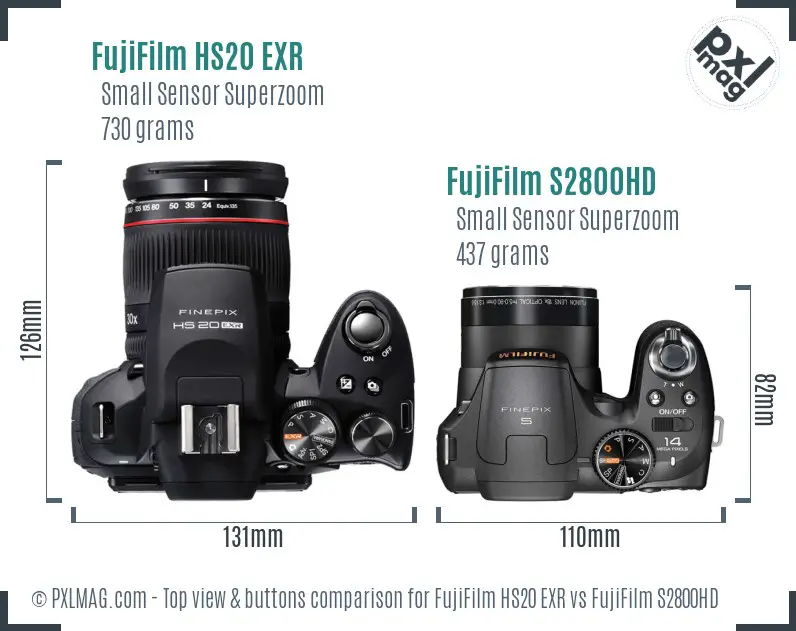 FujiFilm HS20 EXR vs FujiFilm S2800HD top view buttons comparison