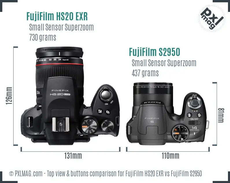 FujiFilm HS20 EXR vs FujiFilm S2950 top view buttons comparison