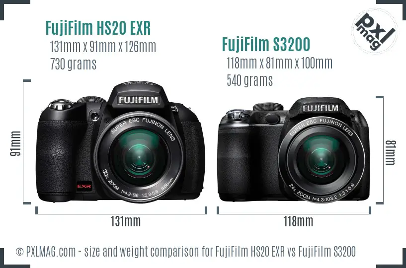 FujiFilm HS20 EXR vs FujiFilm S3200 size comparison