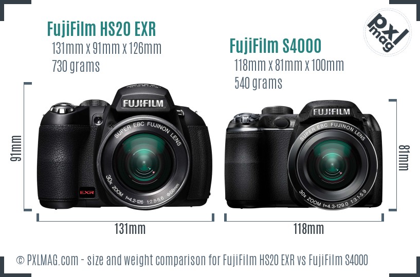 FujiFilm HS20 EXR vs FujiFilm S4000 size comparison FujiFilm HS20 EXR vs FujiFilm S4000 size comparison