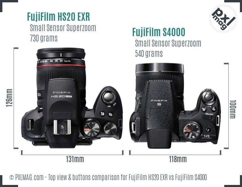 FujiFilm HS20 EXR vs FujiFilm S4000 top view buttons comparison