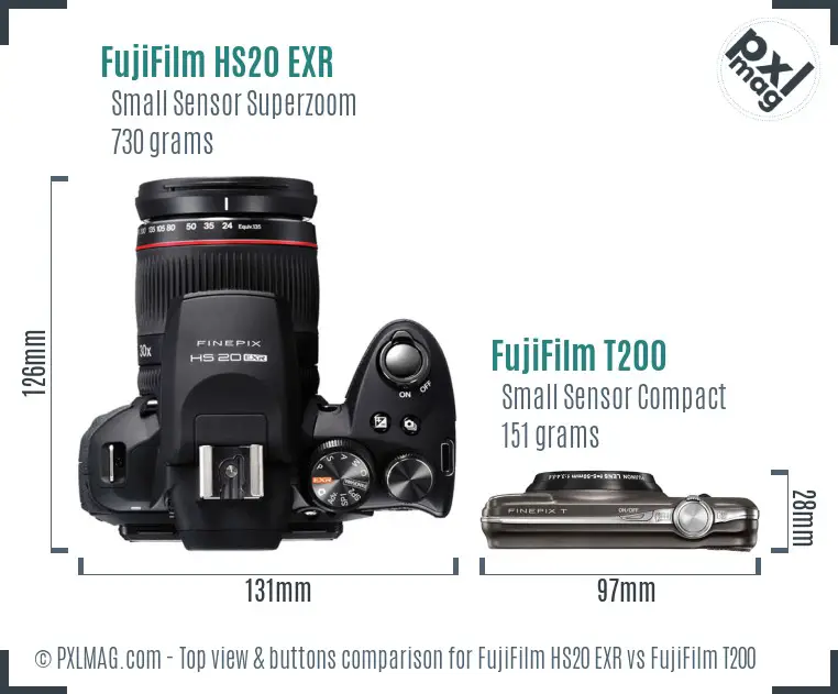 FujiFilm HS20 EXR vs FujiFilm T200 top view buttons comparison