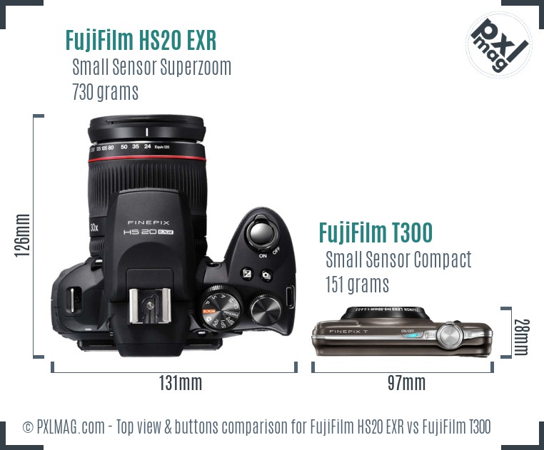 FujiFilm HS20 EXR vs FujiFilm T300 top view buttons comparison