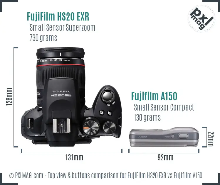 FujiFilm HS20 EXR vs Fujifilm A150 top view buttons comparison FujiFilm HS20 EXR vs Fujifilm A150 top view buttons comparison