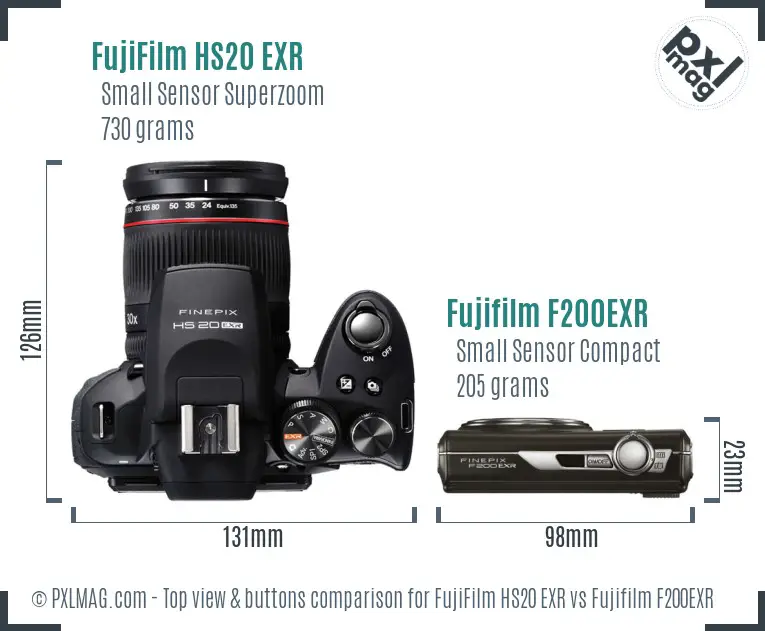 FujiFilm HS20 EXR vs Fujifilm F200EXR top view buttons comparison