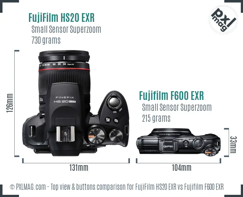 FujiFilm HS20 EXR vs Fujifilm F600 EXR top view buttons comparison