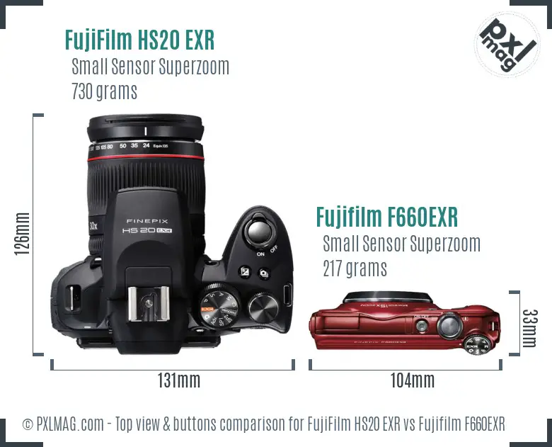 FujiFilm HS20 EXR vs Fujifilm F660EXR top view buttons comparison