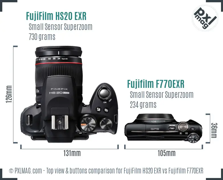 FujiFilm HS20 EXR vs Fujifilm F770EXR top view buttons comparison FujiFilm HS20 EXR vs Fujifilm F770EXR top view buttons comparison