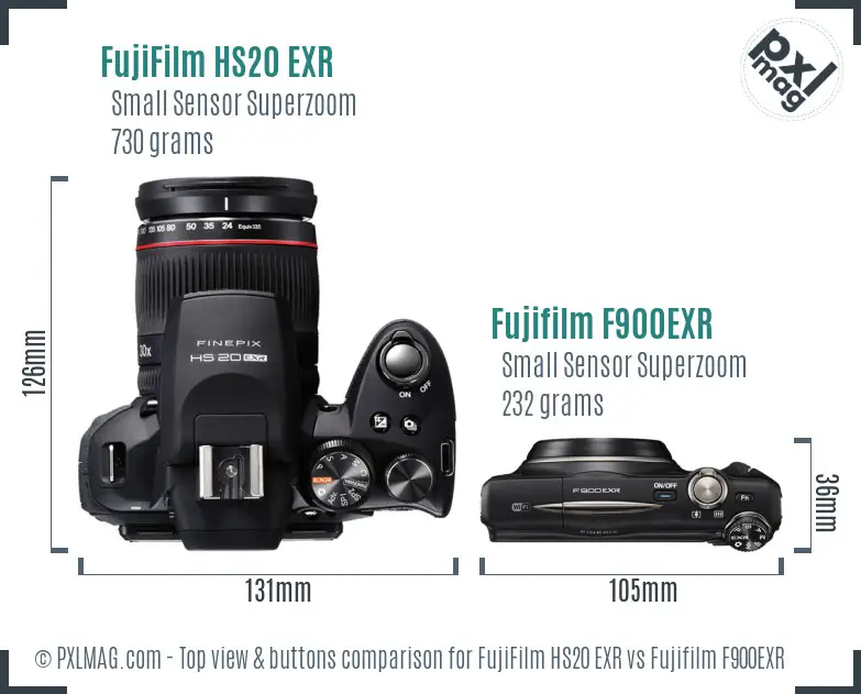 FujiFilm HS20 EXR vs Fujifilm F900EXR top view buttons comparison FujiFilm HS20 EXR vs Fujifilm F900EXR top view buttons comparison