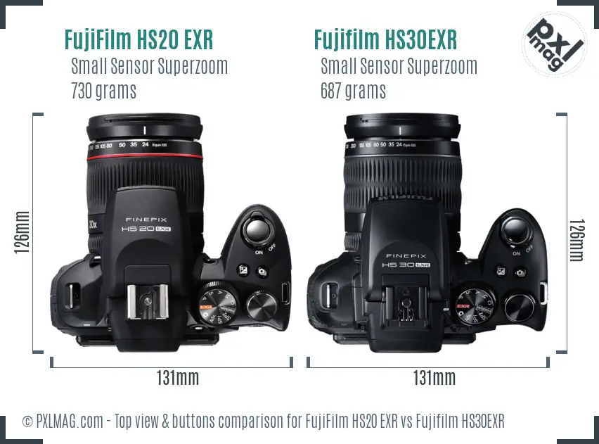 FujiFilm HS20 EXR vs Fujifilm HS30EXR top view buttons comparison
