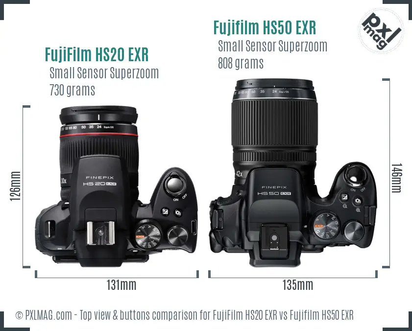 FujiFilm HS20 EXR vs Fujifilm HS50 EXR top view buttons comparison