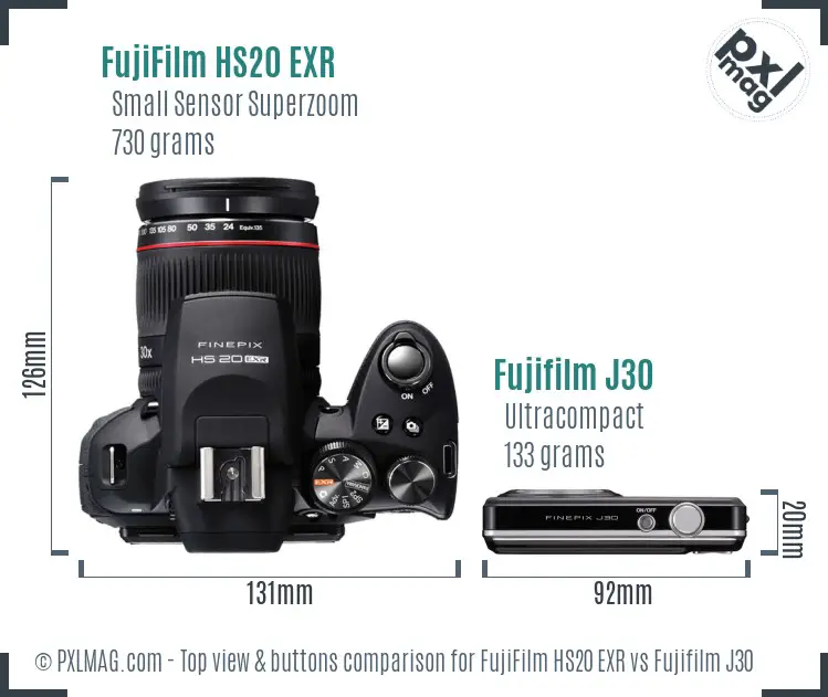 FujiFilm HS20 EXR vs Fujifilm J30 top view buttons comparison