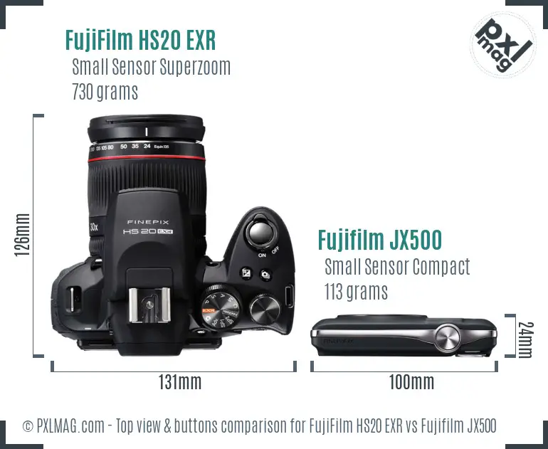 FujiFilm HS20 EXR vs Fujifilm JX500 top view buttons comparison