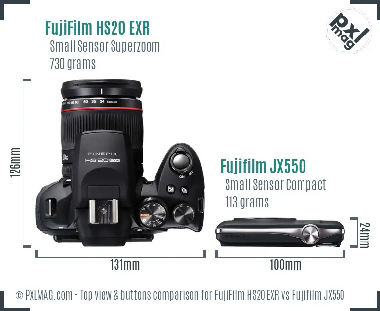 FujiFilm HS20 EXR vs Fujifilm JX550 top view buttons comparison