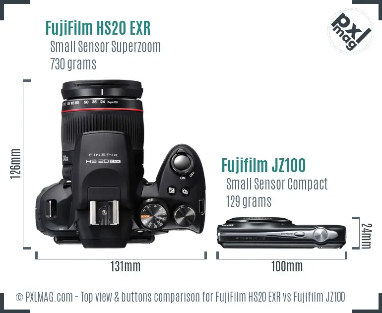 FujiFilm HS20 EXR vs Fujifilm JZ100 top view buttons comparison