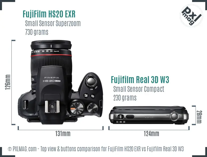 FujiFilm HS20 EXR vs Fujifilm Real 3D W3 top view buttons comparison FujiFilm HS20 EXR vs Fujifilm Real 3D W3 top view buttons comparison