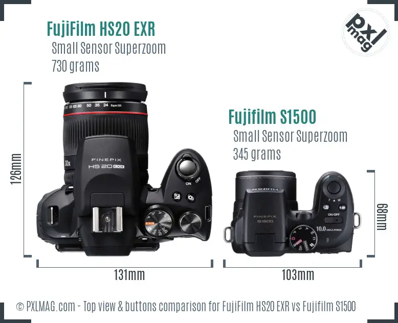 FujiFilm HS20 EXR vs Fujifilm S1500 top view buttons comparison