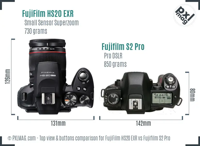 FujiFilm HS20 EXR vs Fujifilm S2 Pro top view buttons comparison FujiFilm HS20 EXR vs Fujifilm S2 Pro top view buttons comparison