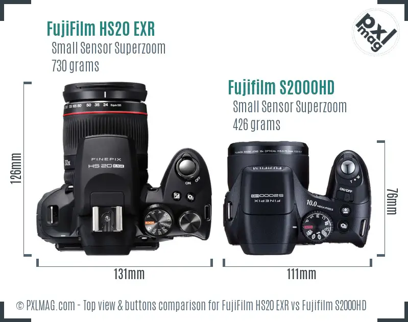 FujiFilm HS20 EXR vs Fujifilm S2000HD top view buttons comparison