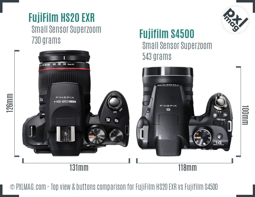 FujiFilm HS20 EXR vs Fujifilm S4500 top view buttons comparison FujiFilm HS20 EXR vs Fujifilm S4500 top view buttons comparison