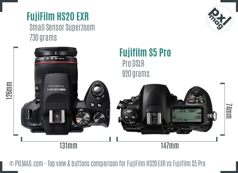 FujiFilm HS20 EXR vs Fujifilm S5 Pro top view buttons comparison FujiFilm HS20 EXR vs Fujifilm S5 Pro top view buttons comparison