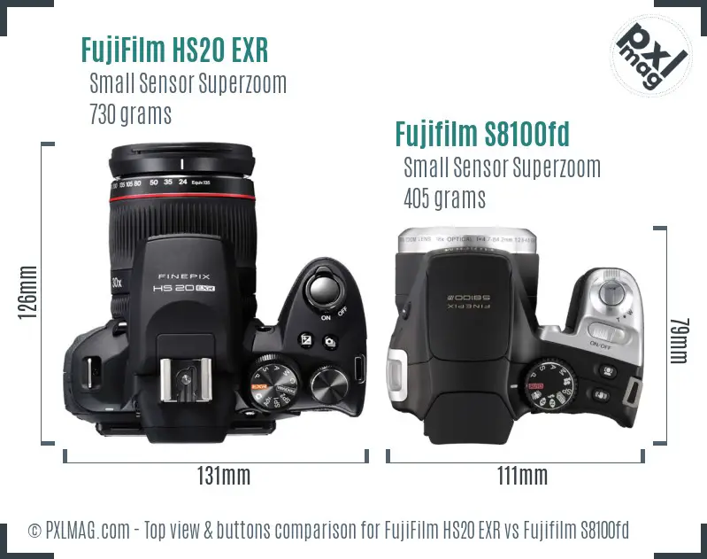FujiFilm HS20 EXR vs Fujifilm S8100fd top view buttons comparison FujiFilm HS20 EXR vs Fujifilm S8100fd top view buttons comparison
